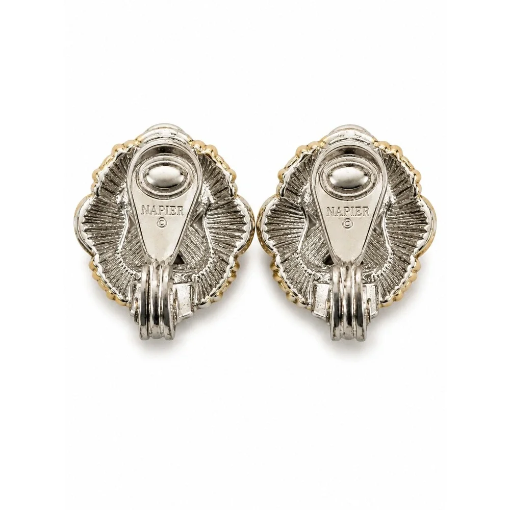 Vintage Signed Napier Faux Pearl & Rhinestone Clip-On Earrings – Gold Tone